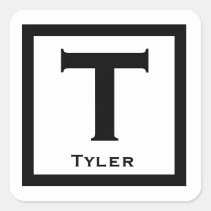 Black Initial Name Kids Boy Party Back to School Square Sticker