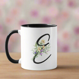 Black Initial Script "E" Watercolor Flowers Girly  Mug
