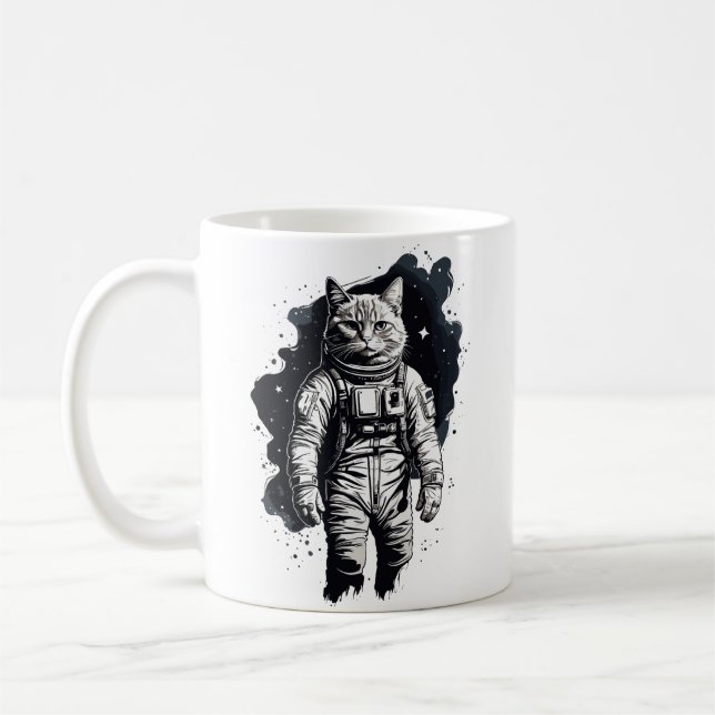 Black Ink Astronaut Cat Design Coffee Mug (Left)