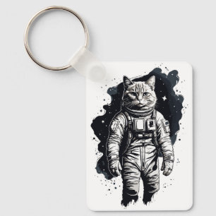 Black Ink Astronaut Cat Design Key Ring