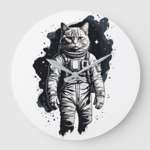 Black Ink Astronaut Cat Design Large Clock