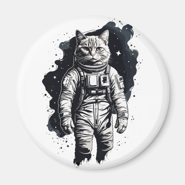 Black Ink Astronaut Cat Design Magnet (Front)