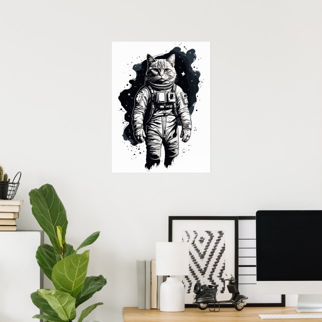 Black Ink Astronaut Cat Design Poster (Home Office)