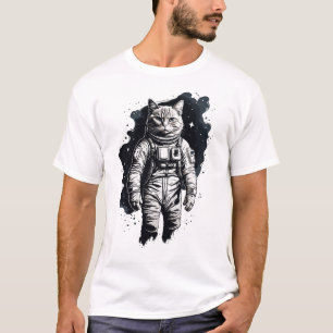 Black Ink Astronaut Cat Design T-Shirt