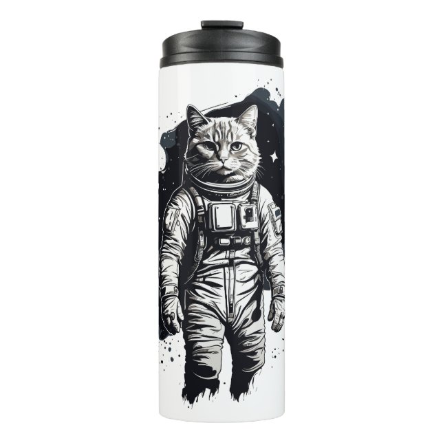 Black Ink Astronaut Cat Design Thermal Tumbler (Front)