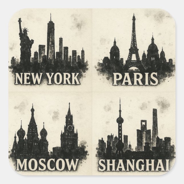 Black Ink City Skylines – New York, Paris, Moscow Square Sticker (Front)