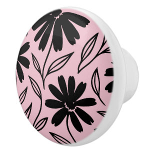 Black Ink Daisies Pink Boho  Ceramic Knob