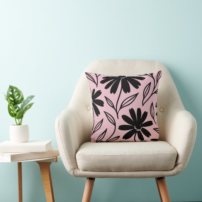 Black Ink Daisies Pink Boho  Cushion (Chair)
