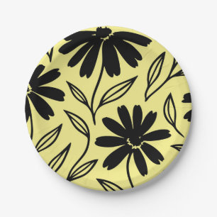 Black Ink Daisies Yellow Boho Bridal Shower Paper Plate