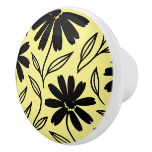Black Ink Daisies Yellow Boho Ceramic Knob