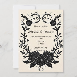 Black Ink Floral Vintage Goth Wedding Invitation