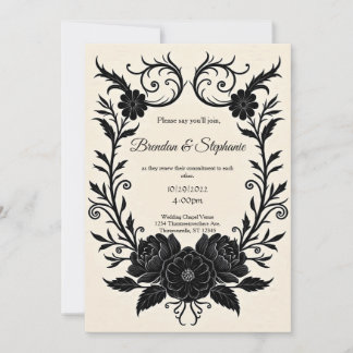 Black Ink Floral Vintage Goth Wedding Invitation