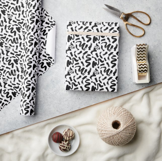 Black Ink Paint Brush Stroke Pattern Wrapping Paper (Crafts)
