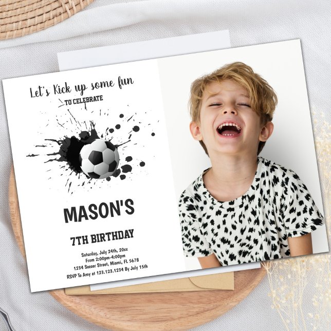 Black Ink Soccer Birthday Invitation with Photo (Black Ink Soccer Birthday Invitations with photo)