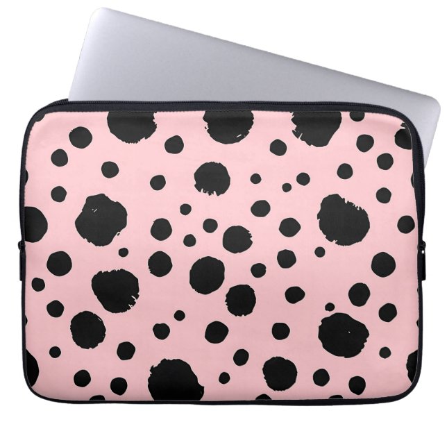 Black Ink Spots Pink Polka Pattern Laptop Sleeve (Front)
