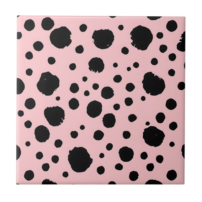 Black Ink Spots Pink Polka Pattern Tile (Front)