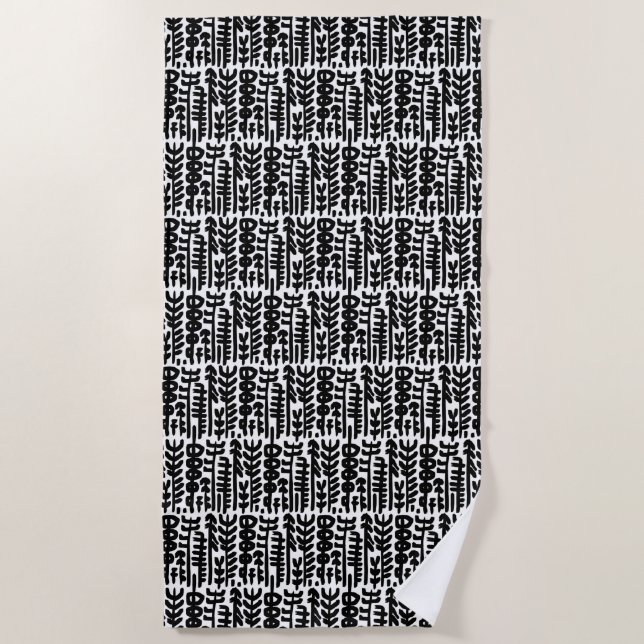 Black Ink Stroke Tree Pattern Beach Towel (Front)