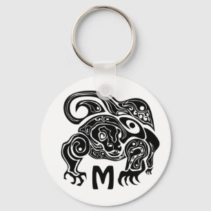 Black Ink Tribal Komo Dragon Silhouette Key Ring