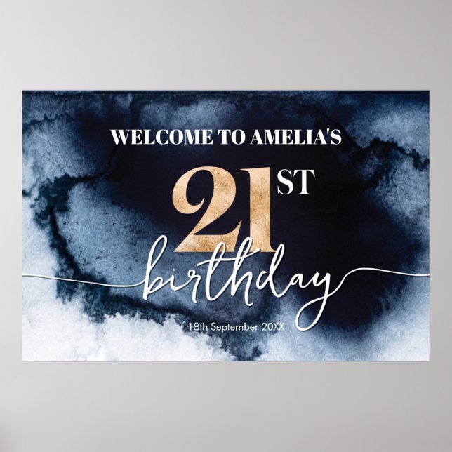 Black Ink Watercolor 21st birthday welcome banner Poster (Front)