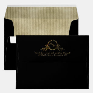 Black, Inside in Gold, Elegant Monogram Wedding  Envelope