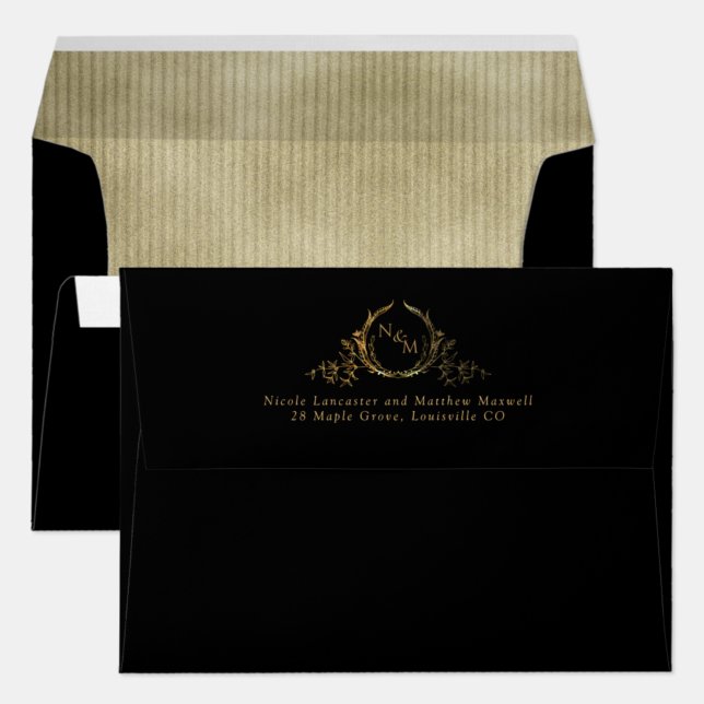 Black, Inside in Gold, Elegant Monogram Wedding  Envelope (Creator Uploaded)