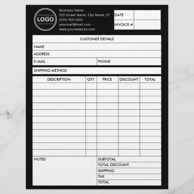 Black Invoice Business Sales Logo Form Receipt Custom Letterhead (Front)