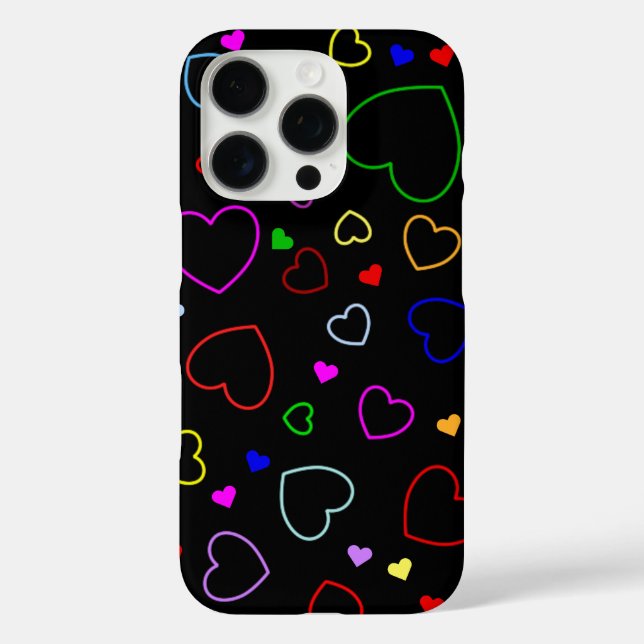 Black iPhone Cover with many Colourful Hearts (Back)
