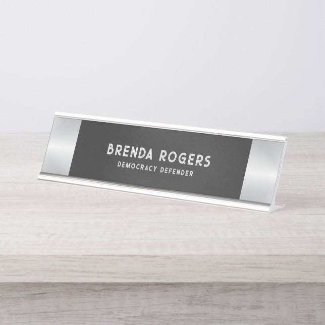 Black iridescent background silver accent desk name plate (Front)
