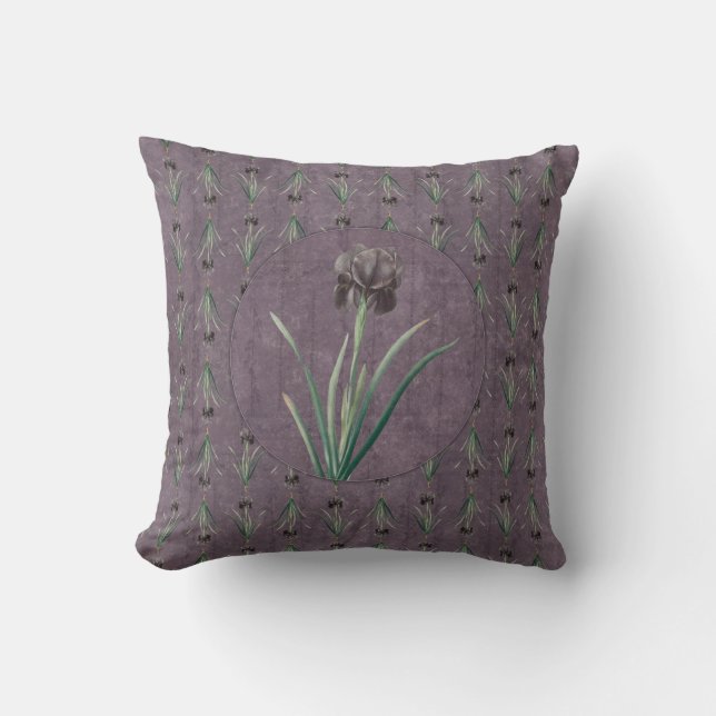 Black Iris on an antique tapestry Cushion (Front)
