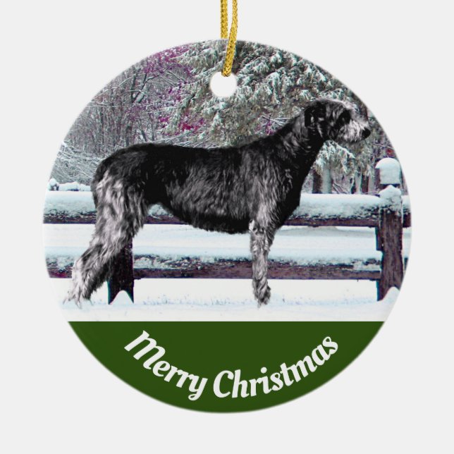 Black Irish Wolfhound First Snow Ceramic Tree Decoration (Front)