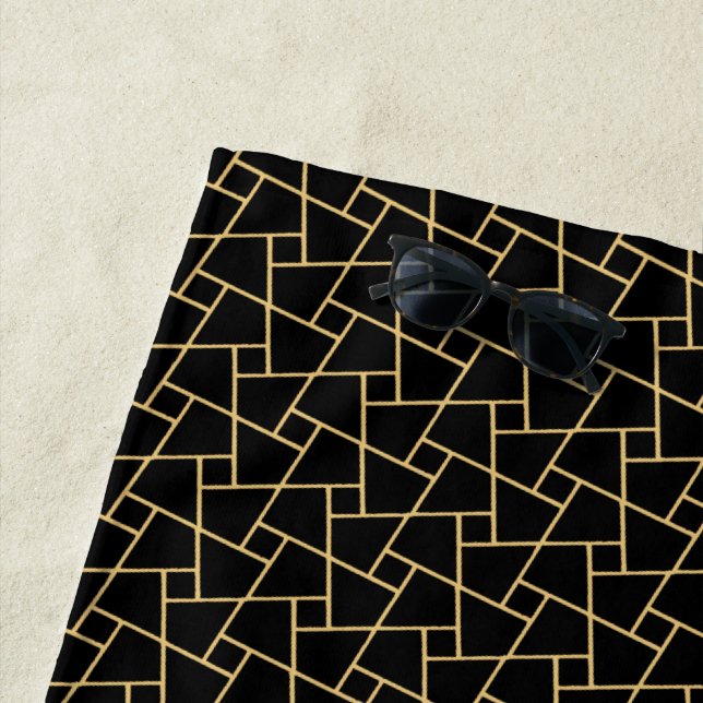 Black Islamic Mosaic Pattern Gold-effect Outlines Beach Towel (In Situ)