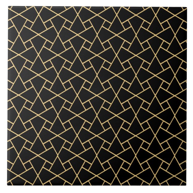 Black Islamic Mosaic Pattern Gold-effect Outlines Tile (Front)