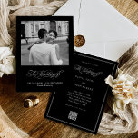 Black Italian Elegance | QR Code and Photo Wedding Invitation<br><div class="desc">This elegant, dark black wedding invitation features classic, old-world style with white romantic calligraphy and your own personal photo. The back of the card features all of your wedding details, surrounded by a modern white delicate frame and a scannable QR code so your guests can RSVP or visit your wedding...</div>