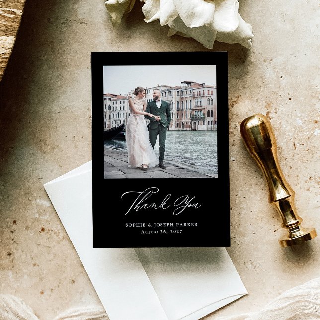 Black | Italian Elegance Two Photo Wedding Thank You Card (Creator Uploaded)