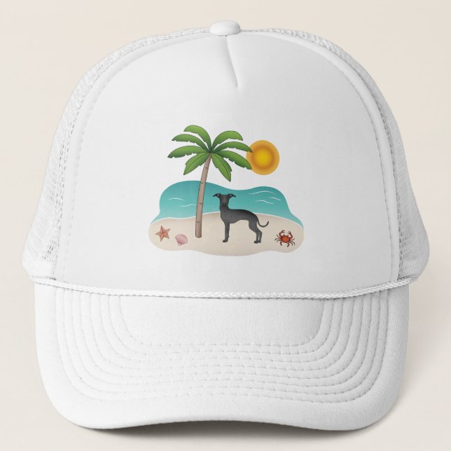 Black Italian Greyhound At Tropical Summer Beach Trucker Hat (Front)