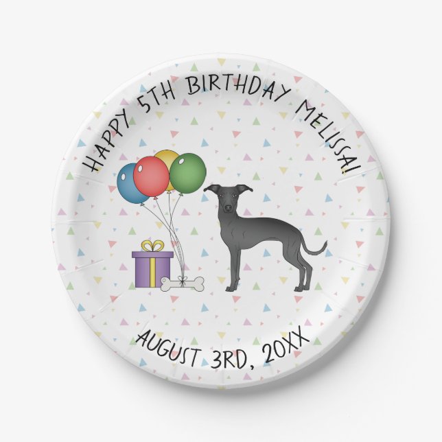 Black Italian Greyhound Cute Cartoon Dog Birthday Paper Plate (Front)