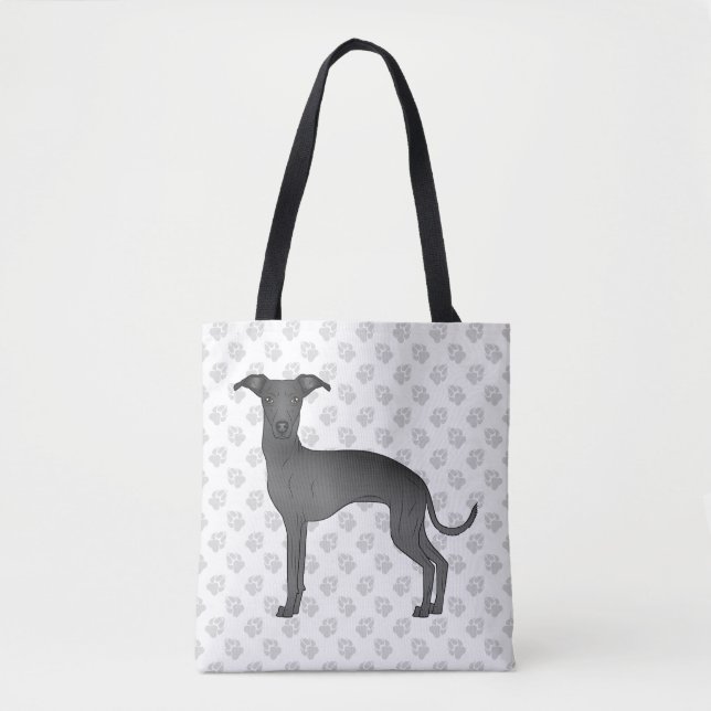 Black Italian Greyhound Cute Cartoon Dog With Paws Tote Bag (Front)