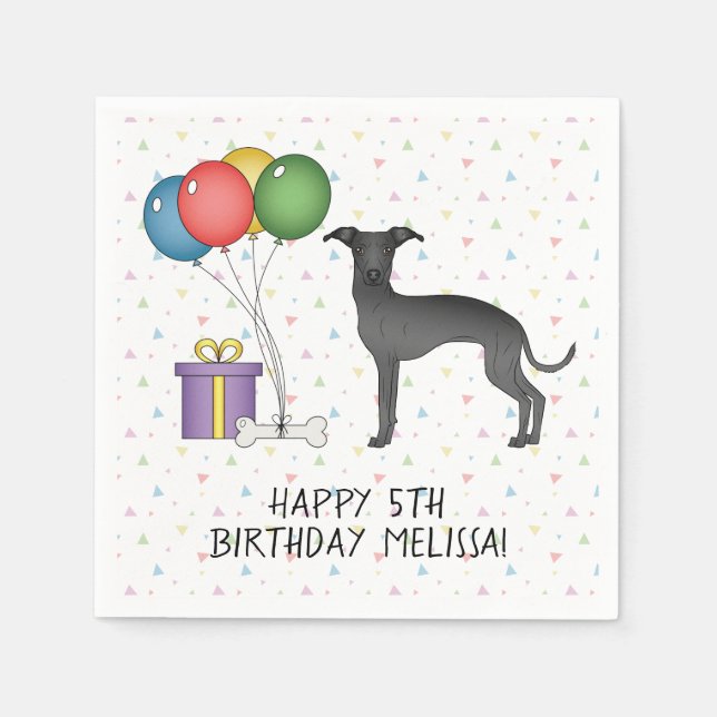 Black Italian Greyhound Cute Dog - Happy Birthday Napkin (Front)