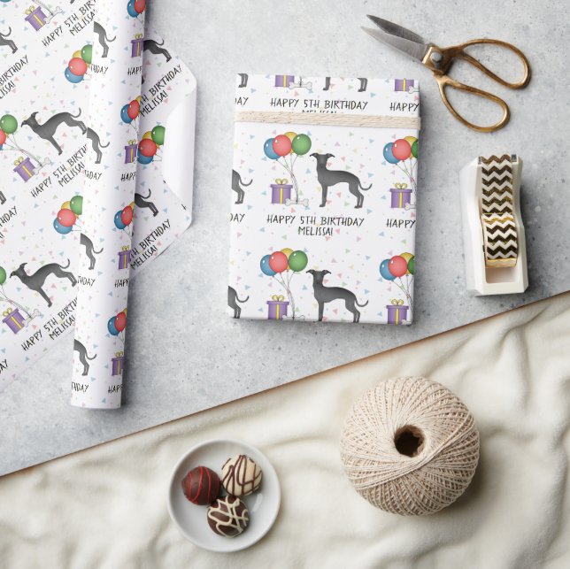 Black Italian Greyhound Cute Dog - Happy Birthday Wrapping Paper (Crafts)
