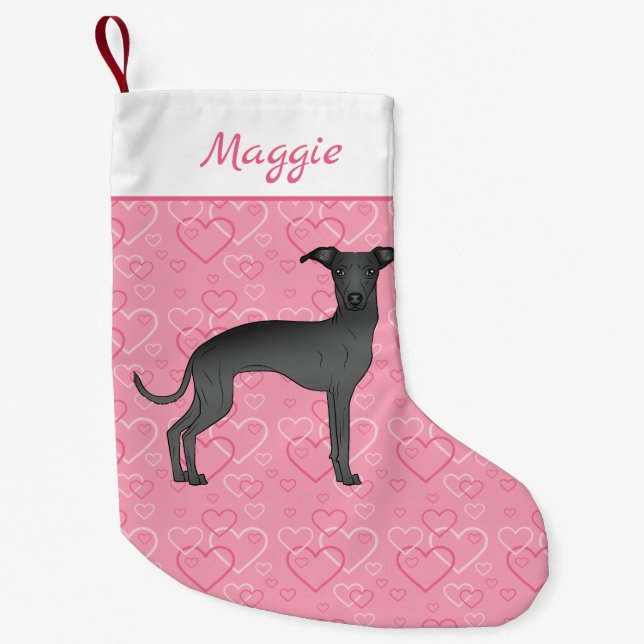 Black Italian Greyhound Cute Dog On Pink Hearts Small Christmas Stocking (Front)