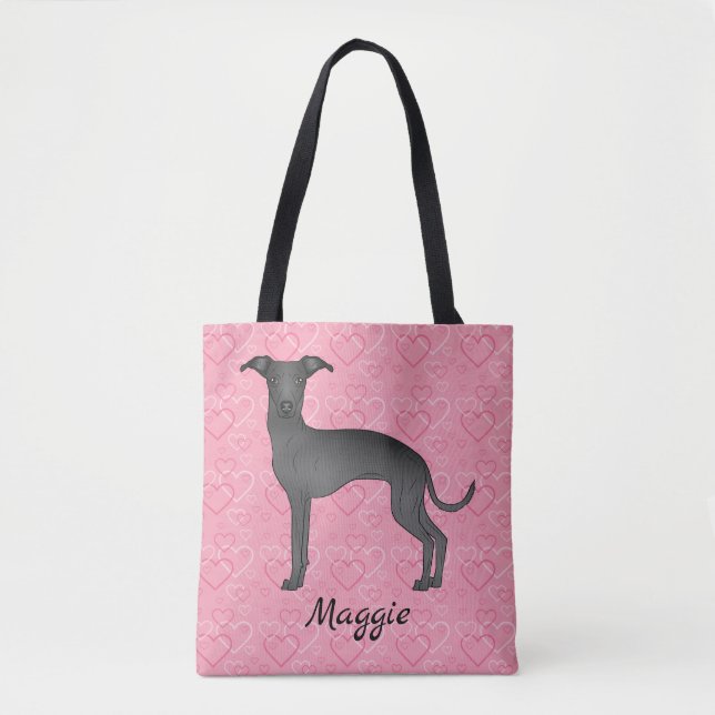 Black Italian Greyhound Cute Dog On Pink Hearts Tote Bag (Front)
