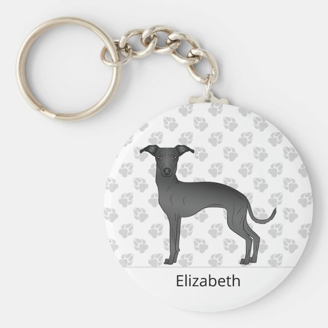 Black Italian Greyhound Cute Dog With Custom Name Key Ring (Front)
