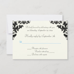 Black, Ivory, and Blue Damask RSVP Card