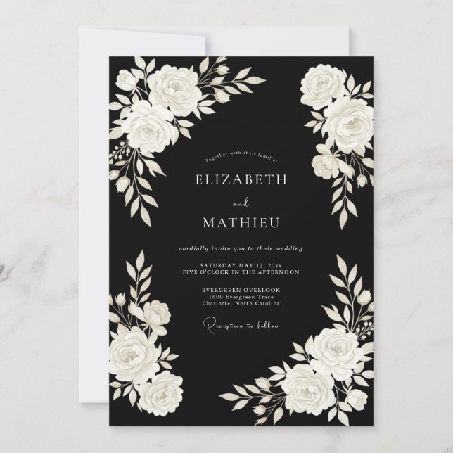 Black Ivory Blossom Wedding Invitation (Front)