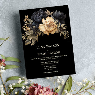 Black ivory blush green peony floral Wedding Invitation