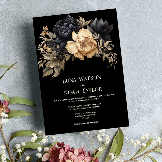 Black ivory blush green peony floral Wedding Invitation (Black ivory blush green peony floral Wedding )