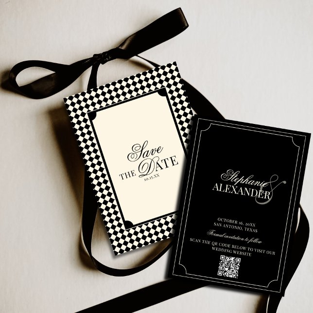 Black & Ivory Checkered Old Money QR Code Wedding Save The Date (Creator Uploaded)
