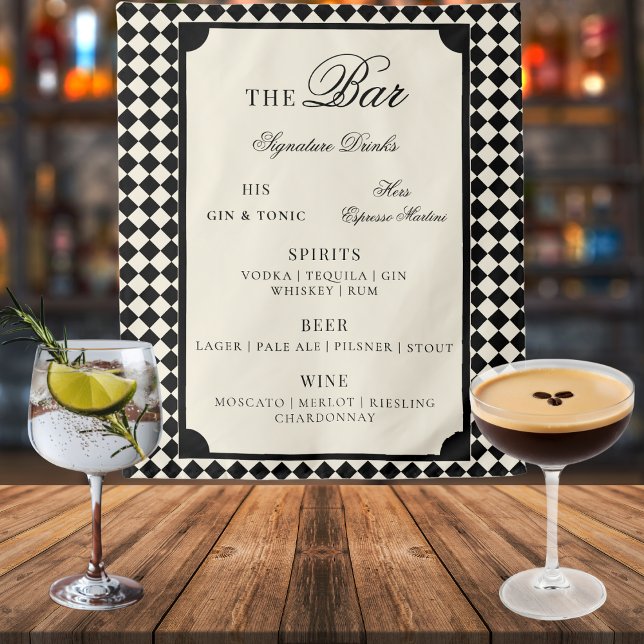 Black Ivory Checks Old Money Wedding Bar Menu Sign Tapestry (Creator Uploaded)