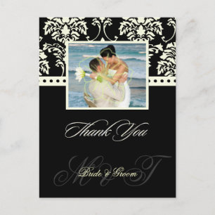 Black +  Ivory Damask Thank You Photo postcards, Postcard
