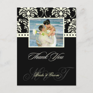 Black + Ivory Damask Thank You Photo postcards, Postcard